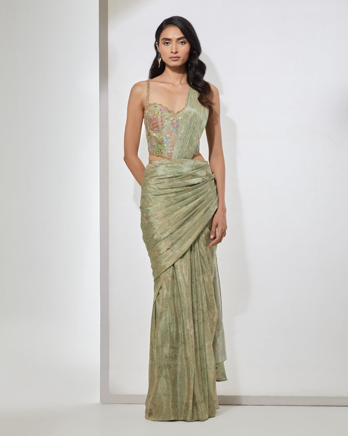 Sage Green Pre-draped Sari With Corset