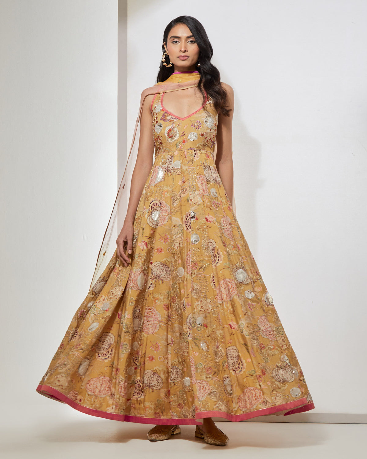 Yellow Floral Anarkali With Dupatta