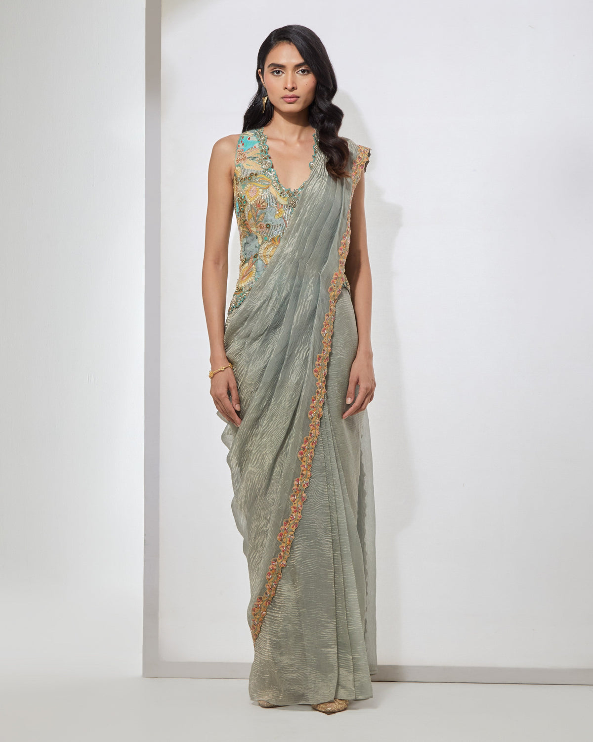 Powder Blue Pre-draped Sari Set