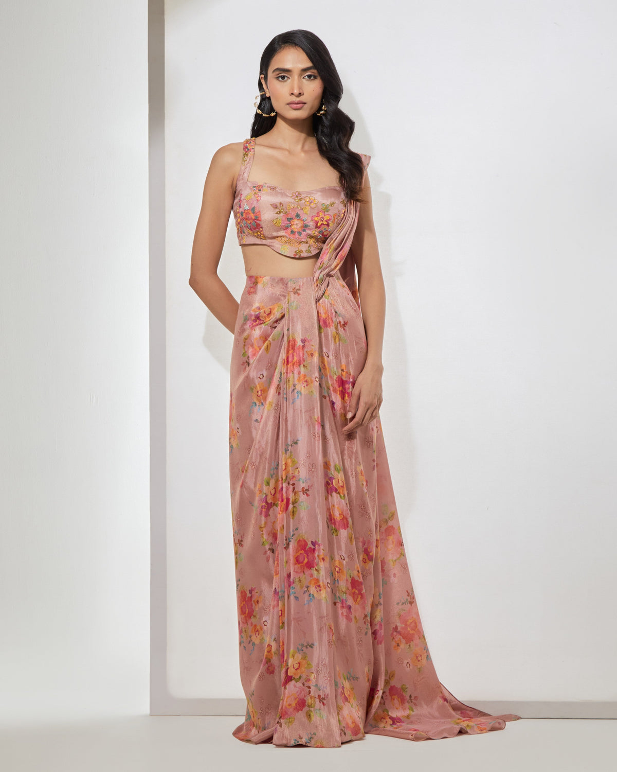 Blush Pink Floral Sari With Corset