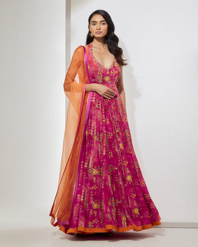 Fuchsia Floral Anarkali With Dupatta