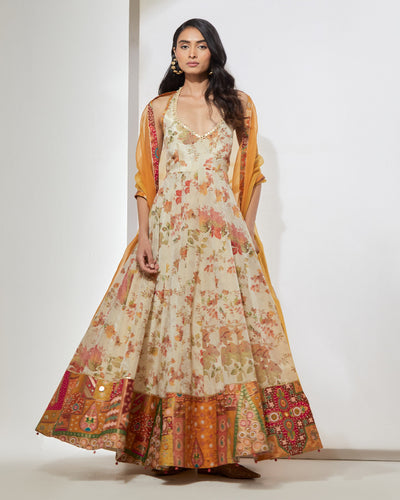Ivory Floral Anarkali With Dupatta