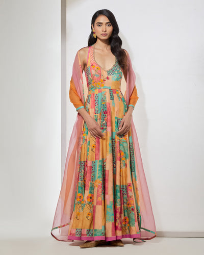 Pastel Floral Anarkali With Dupatta