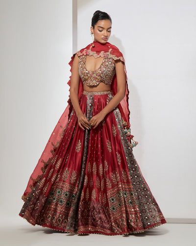 Cherry Red Ajrakh Lehenga Set