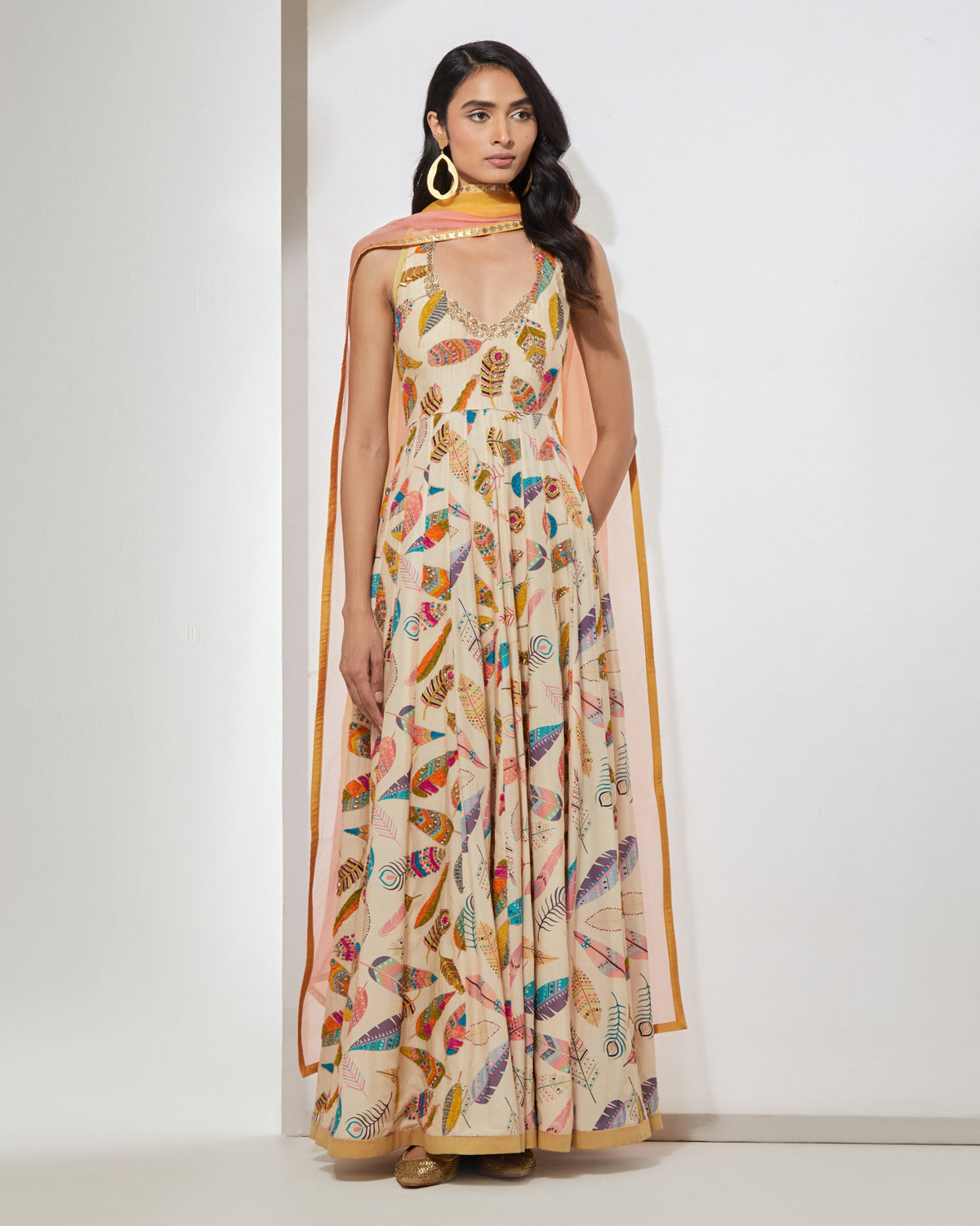 Ivory Feather Printed Anarkali With Dupatta