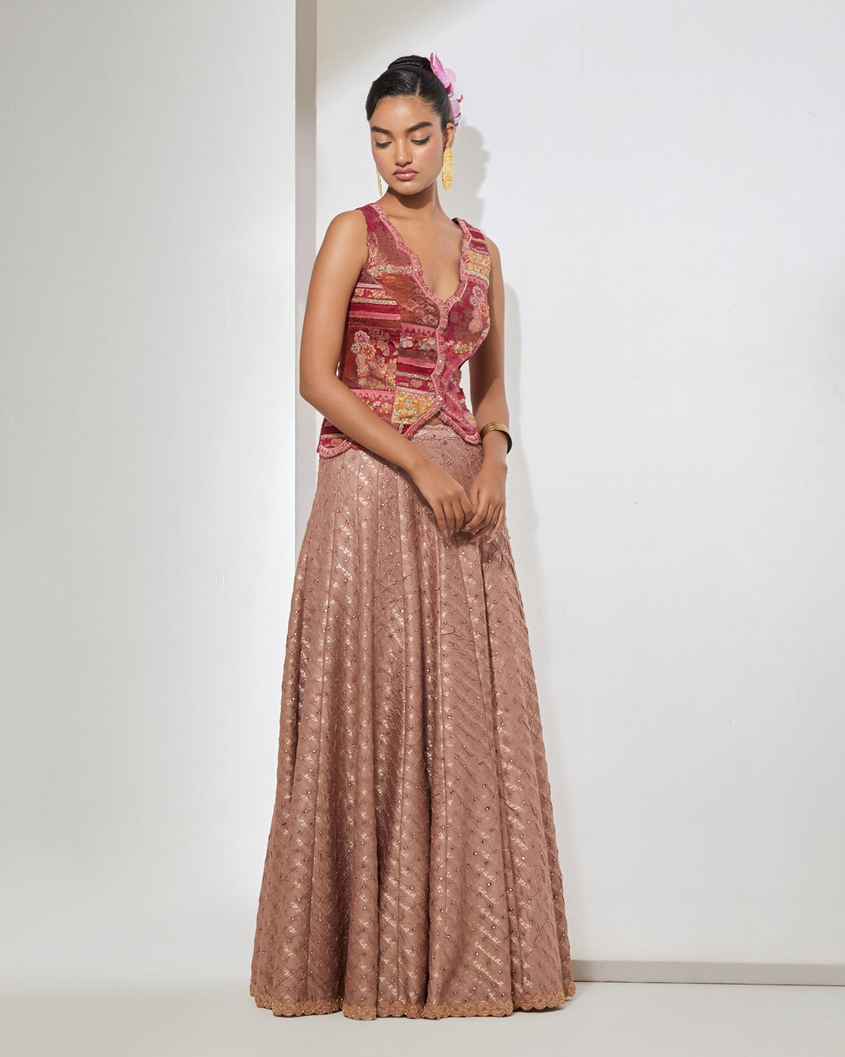Mauve Pink Vest & Bandhani Lehenga Set