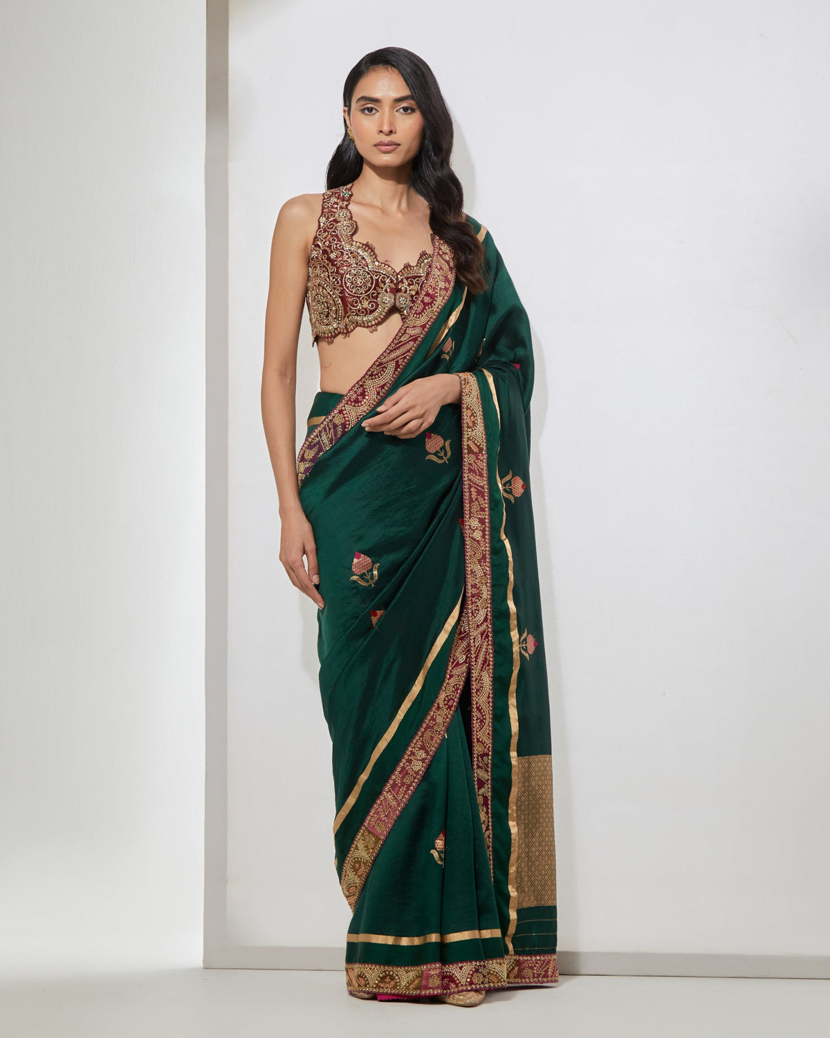 Emerald Green Zardozi Sari With Blouse