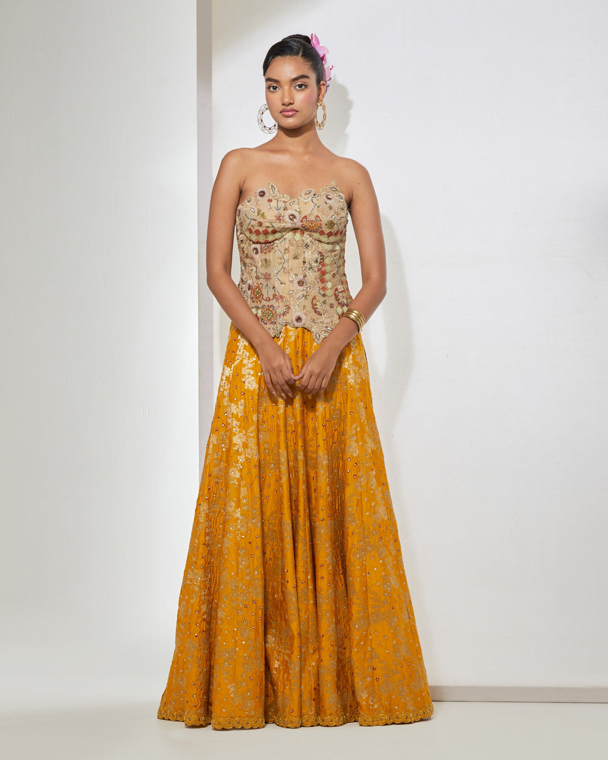 Antique Gold Corset & Mustard Lehenga