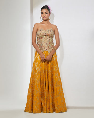 Antique Gold Corset & Mustard Lehenga