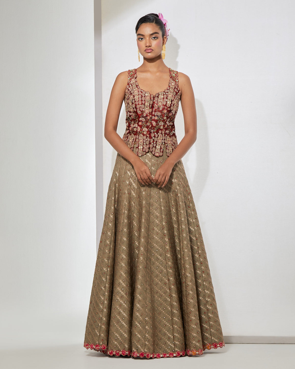 Maroon Peplum Corset & Bandhani Lehenga Set