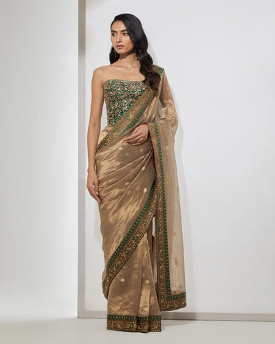 Antique Gold & Emerald Sari With Corset