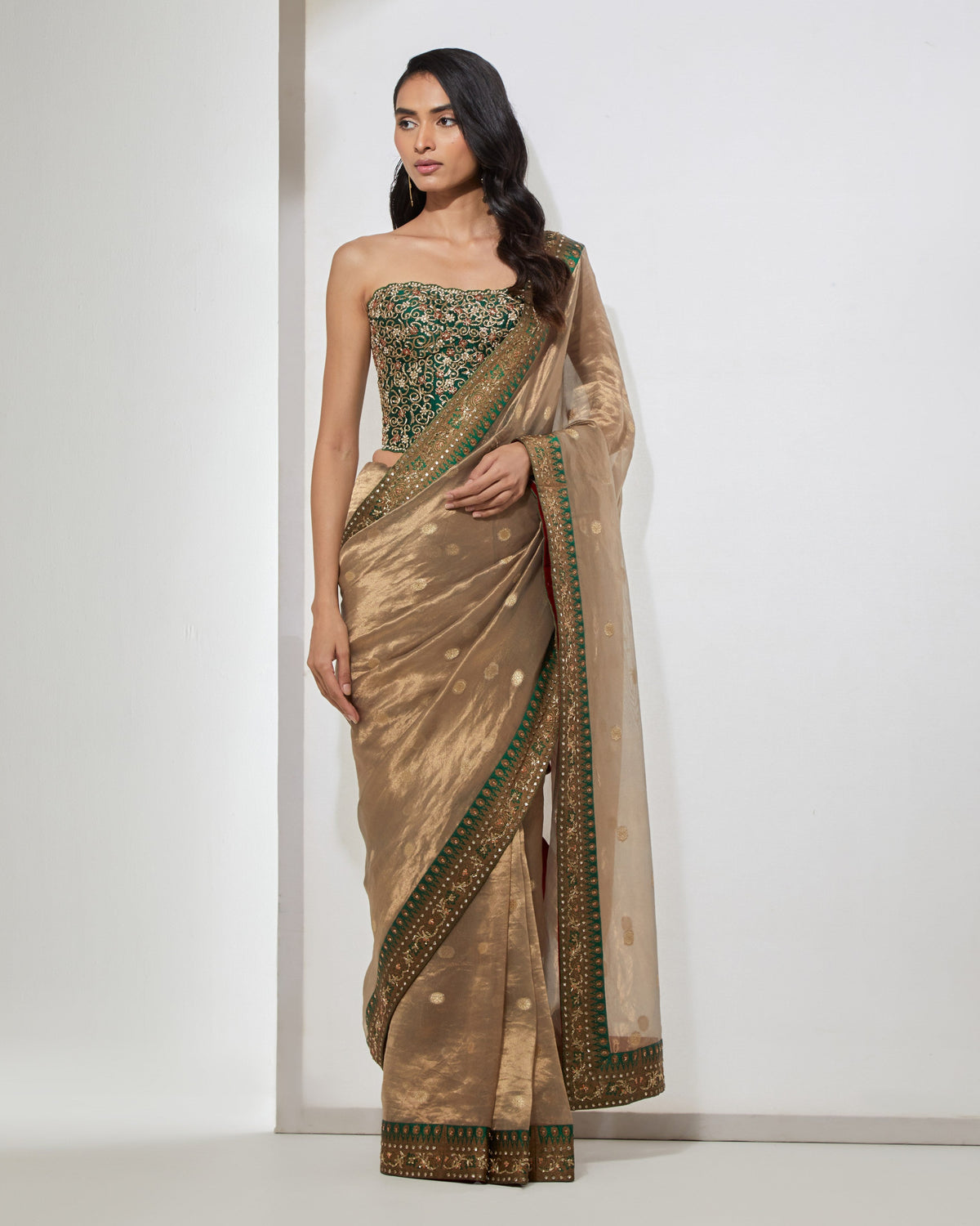 Antique Gold & Emerald Sari With Corset