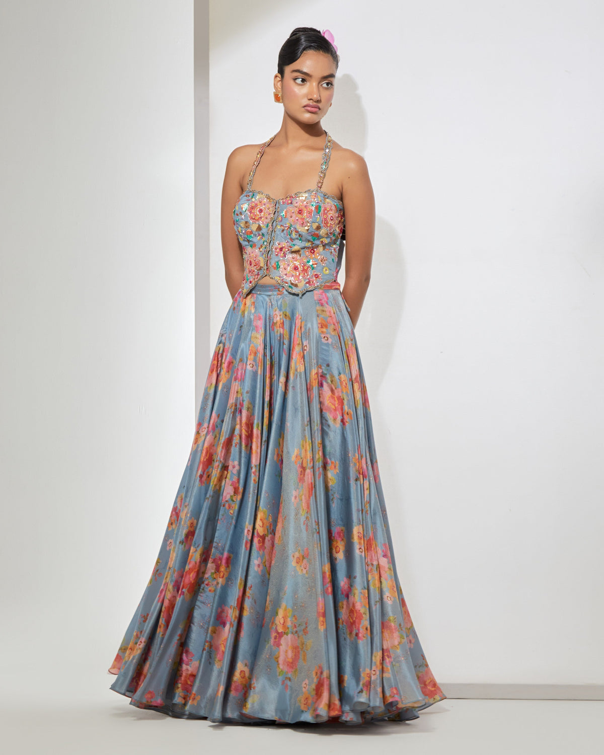 Azure Bloom Corset & Skirt Set