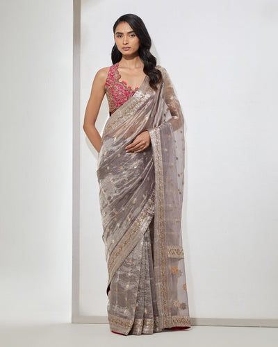 Ash Gray Zardozi Sari With Blouse