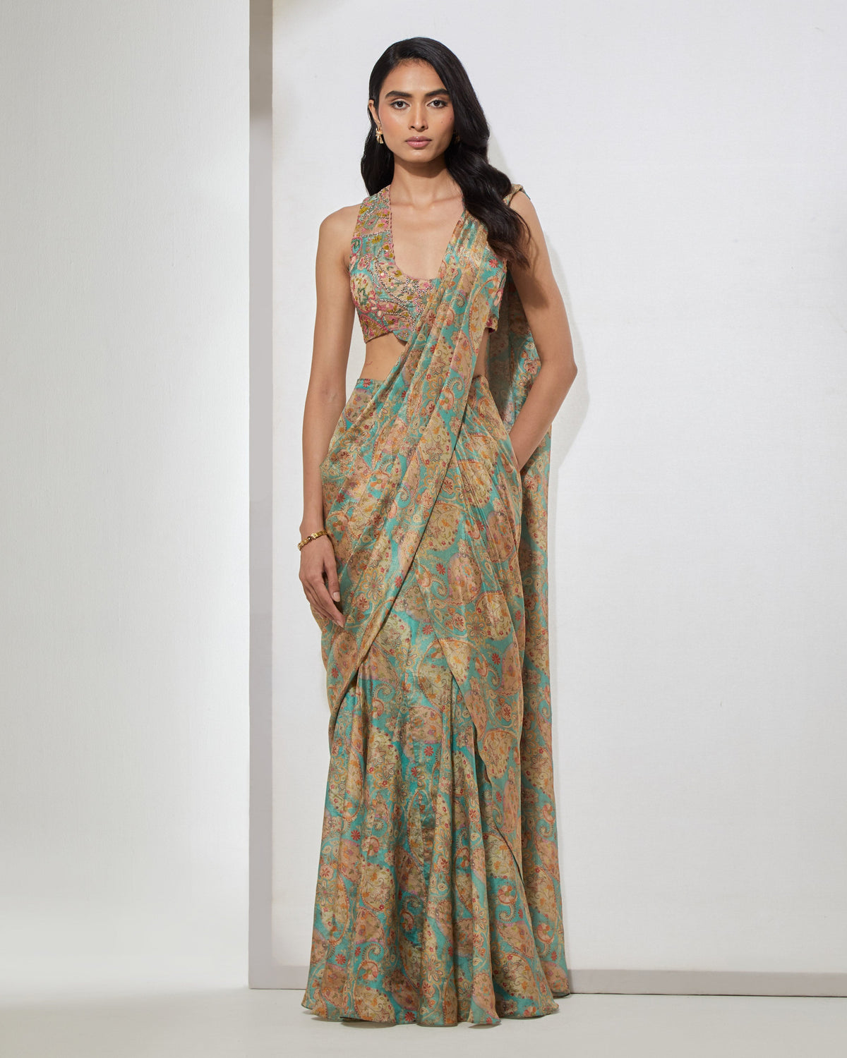 Aqua Paisley Sari With Corset
