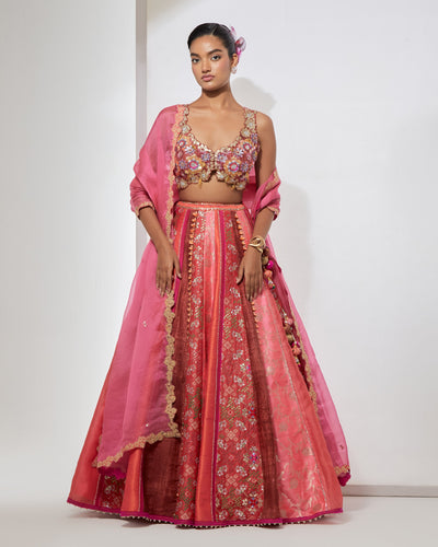 Peach Pink Embroidered Lehenga Set