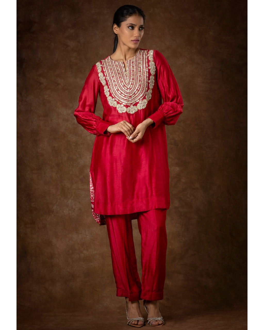Red Rose Embroidered Kurta And Pants Set