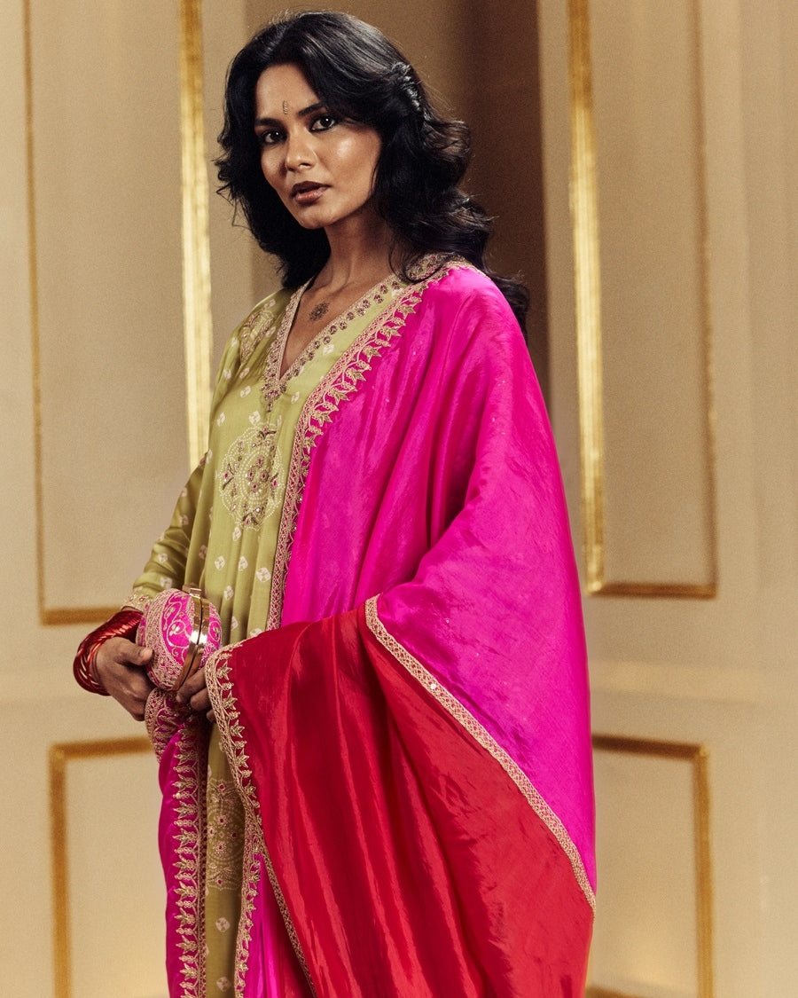 Dry Heena Green And Gulabi Gulaal Kaftaan Kurta Set