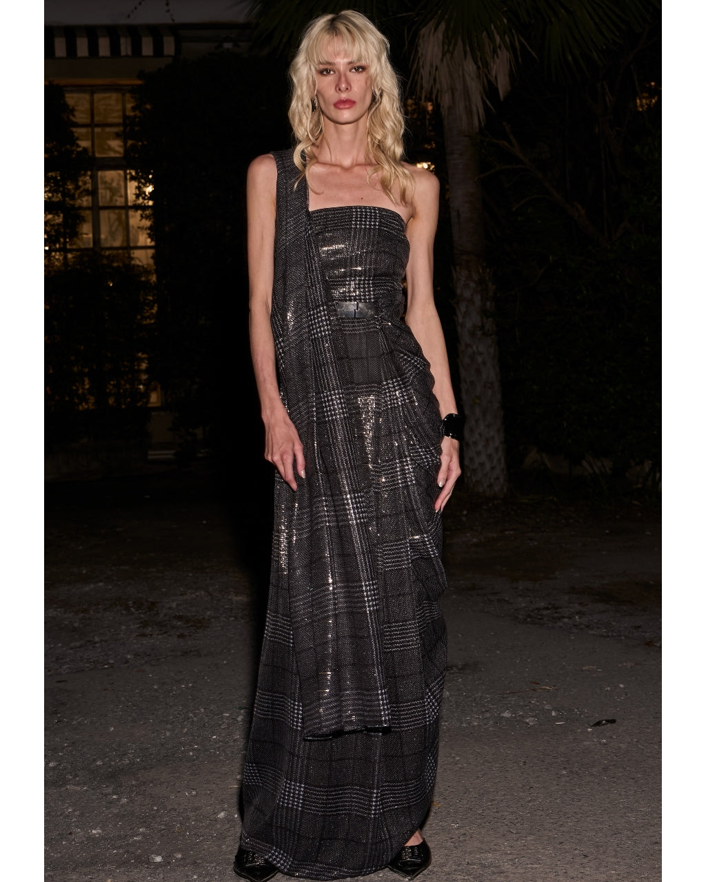 Houndstooth Sequin Sari-Drape Gown