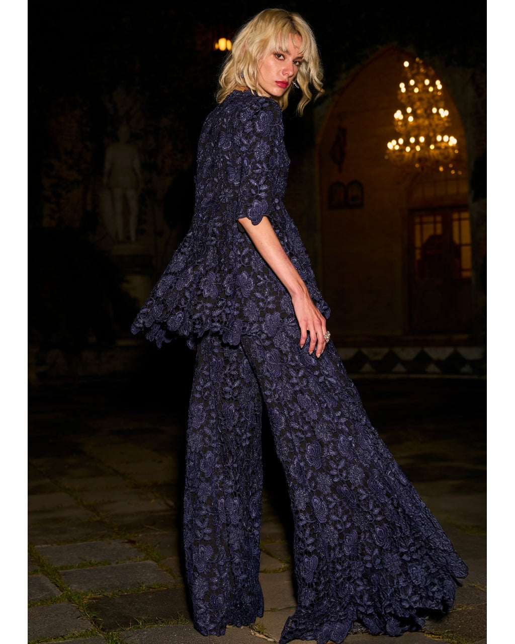 Embroidered Lace Peplum Top And Pant Set
