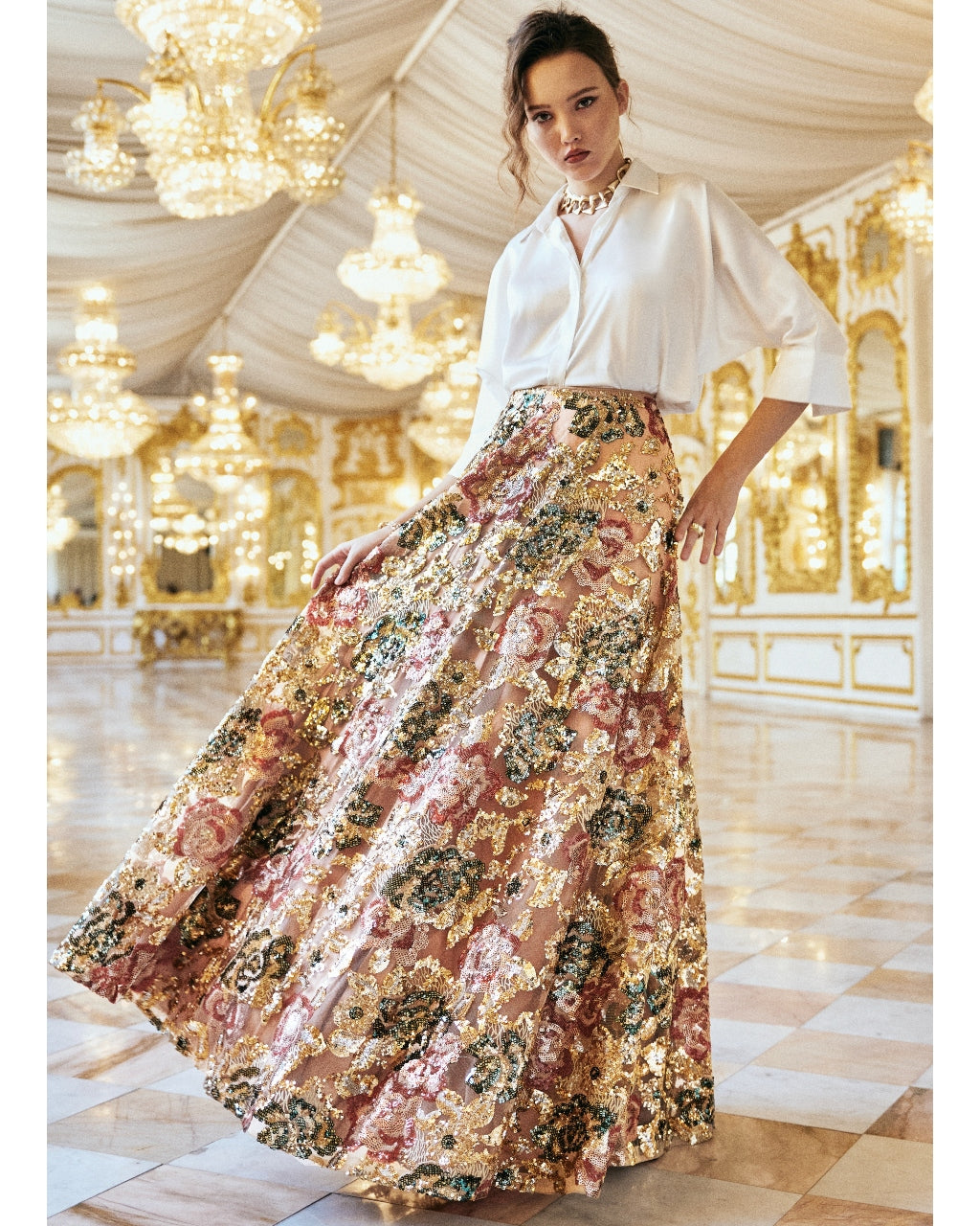 Ivory Satin Shirt & Floral Sequin Maxi Skirt