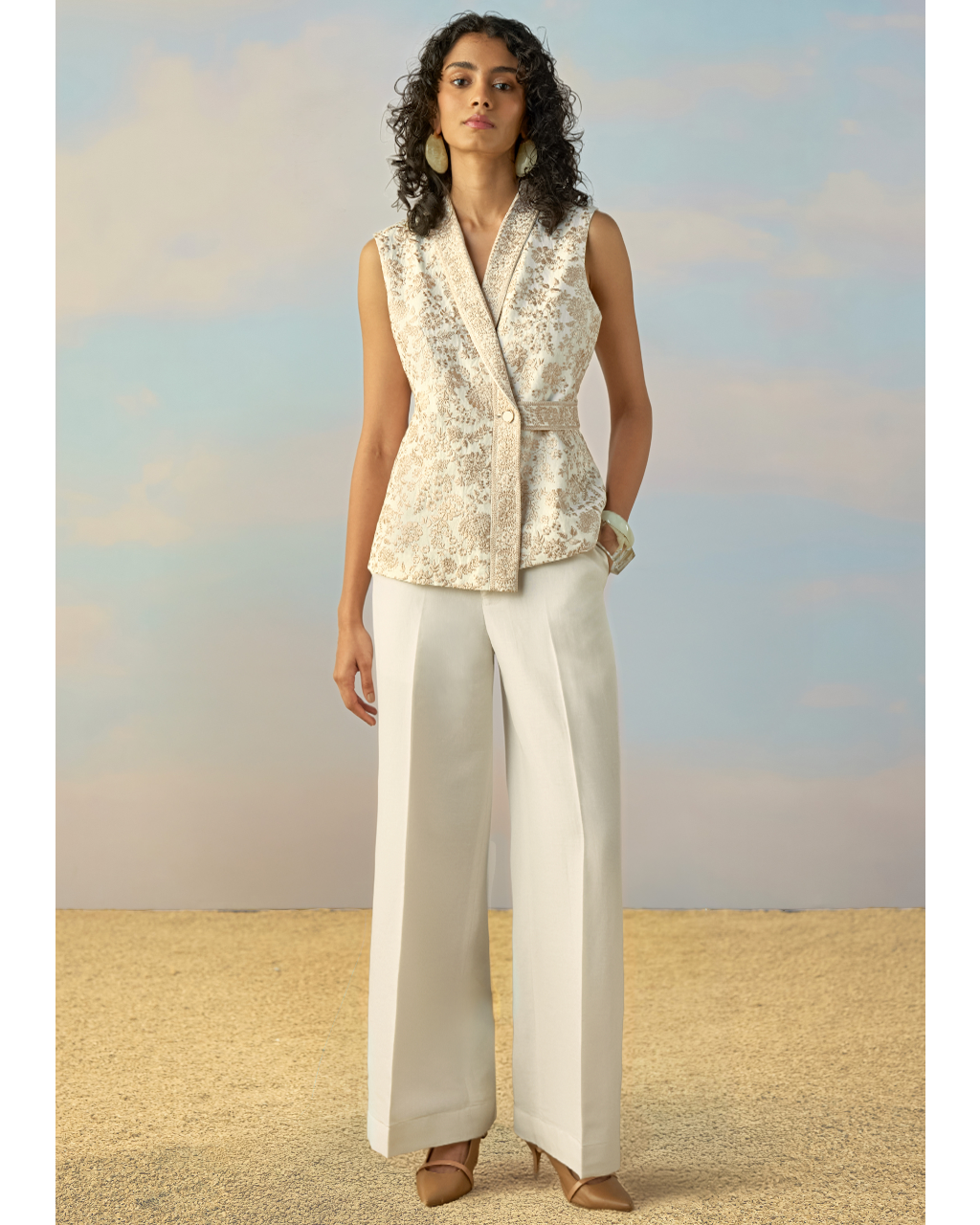 Linen Embroidered Waistcoat & Straight-Cut Pant Set