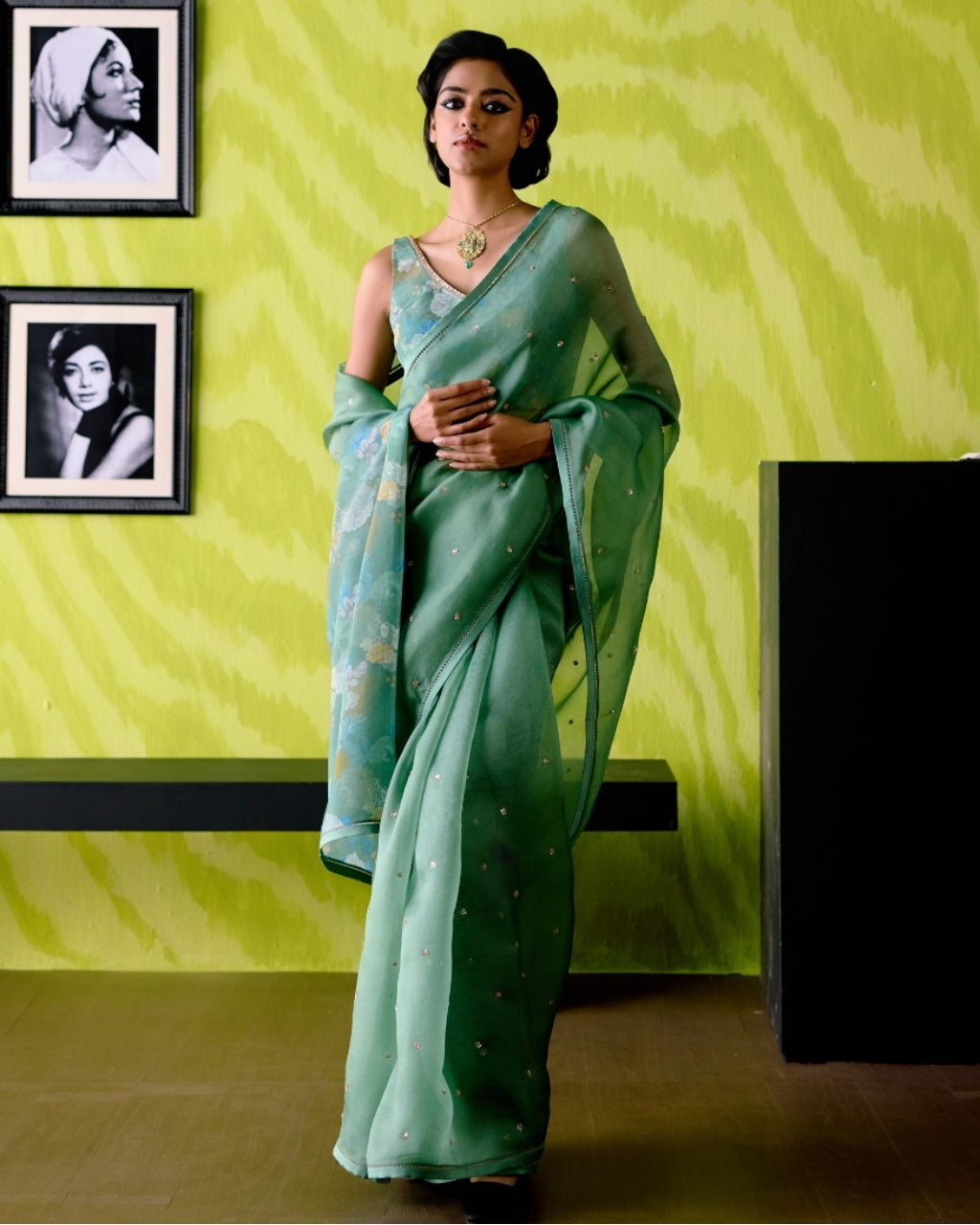 Green Apple Organza Sari With Blouse Set