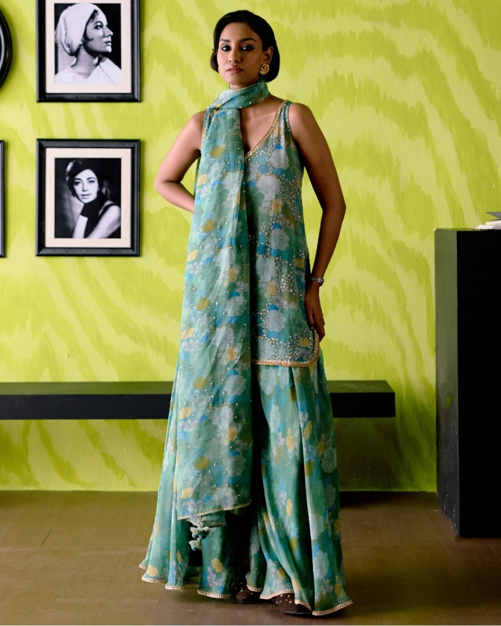 Green Apple Floral Print Short Kurta Set