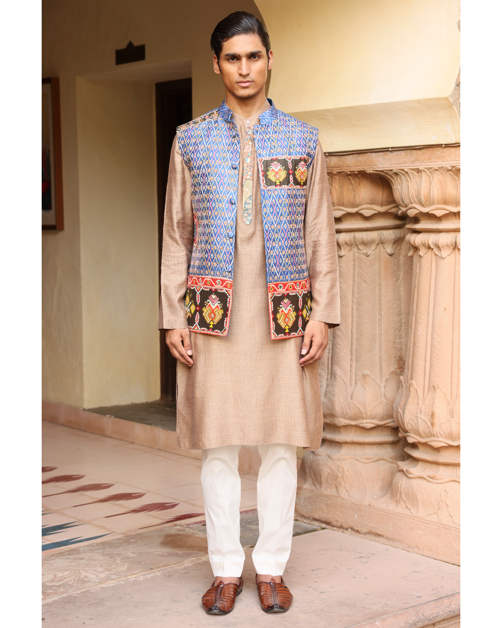 Royal Blue Silk Ikat Patchwork Bandi Set