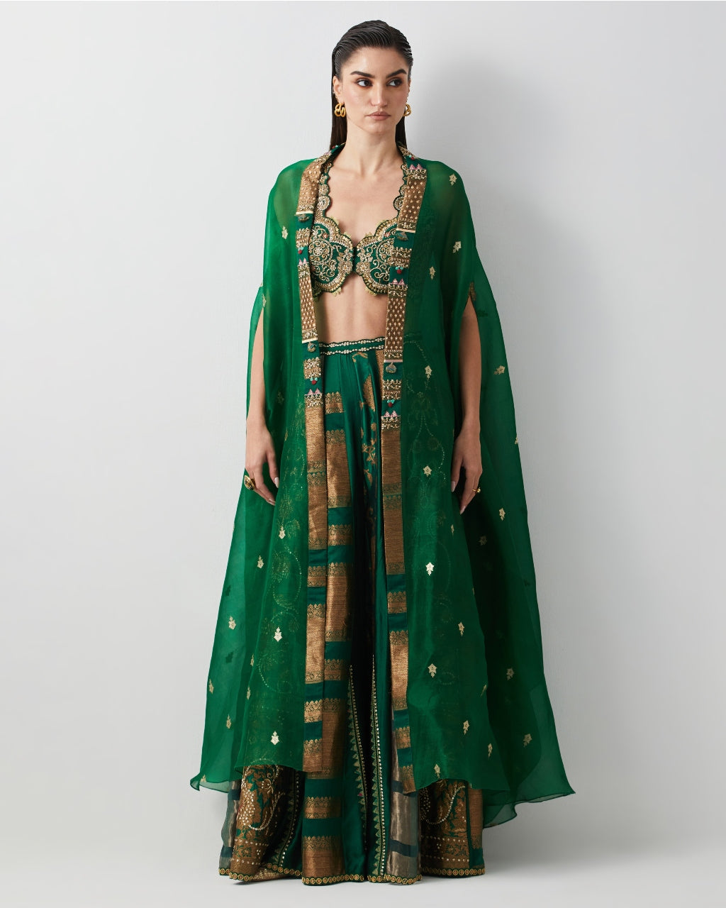 Emerald Green Hand Embroidered Cape Set
