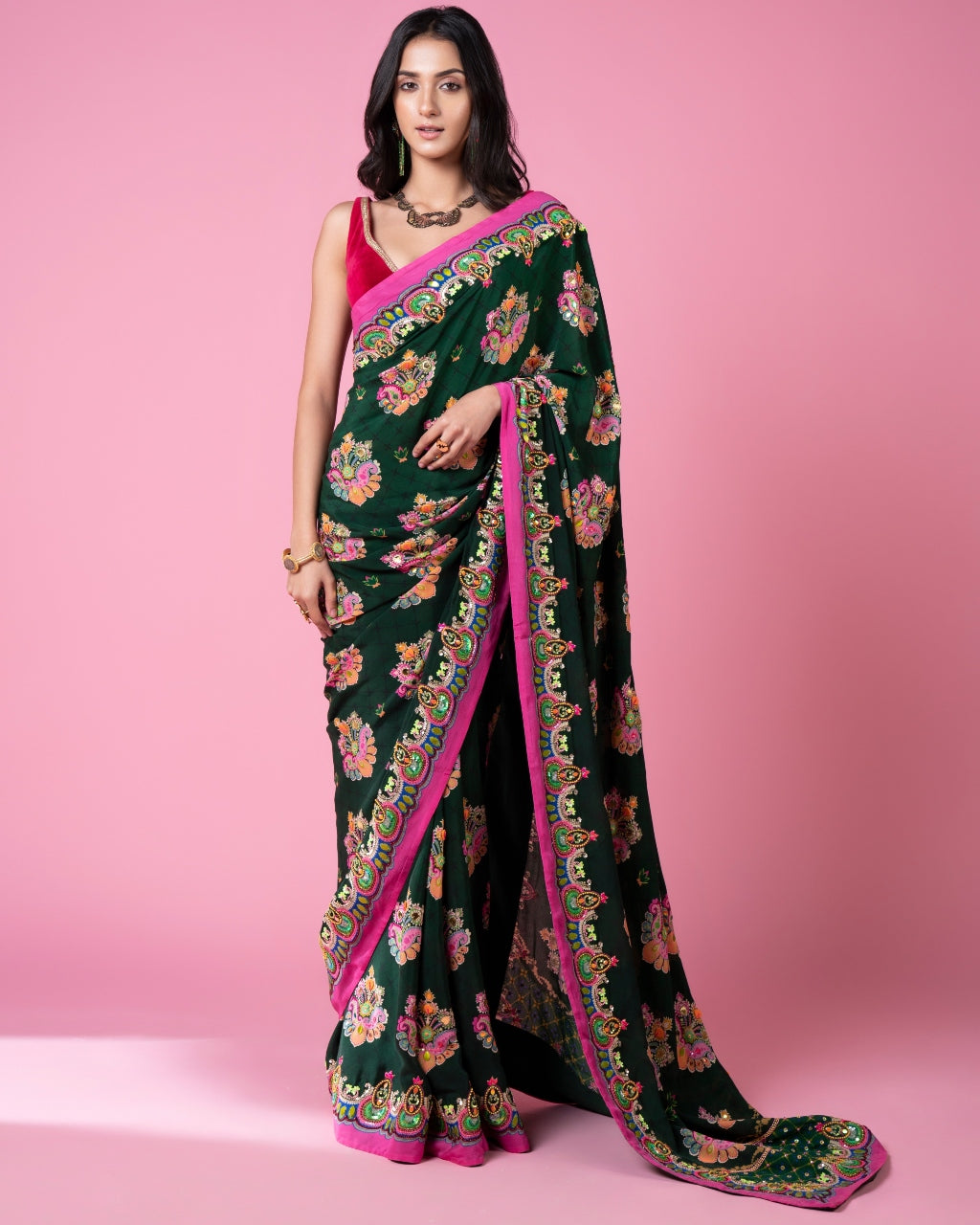 Emerald Sea Green Royal Paisley Embroidered Sari Set