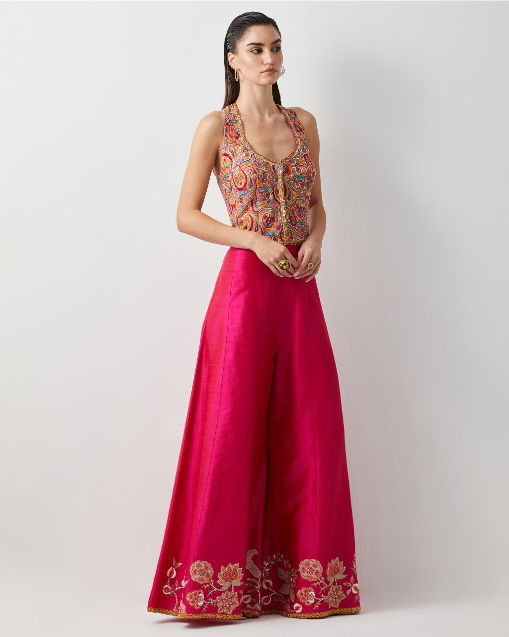 Hot Pink Embroidered And Multi Corset Plazzo Set