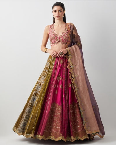 Multicolour Tissue & Silk Hand Embroidered Lehenga Set
