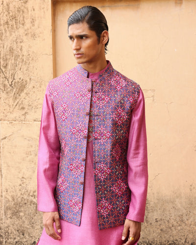 Pink Patola Silk Bundi Set
