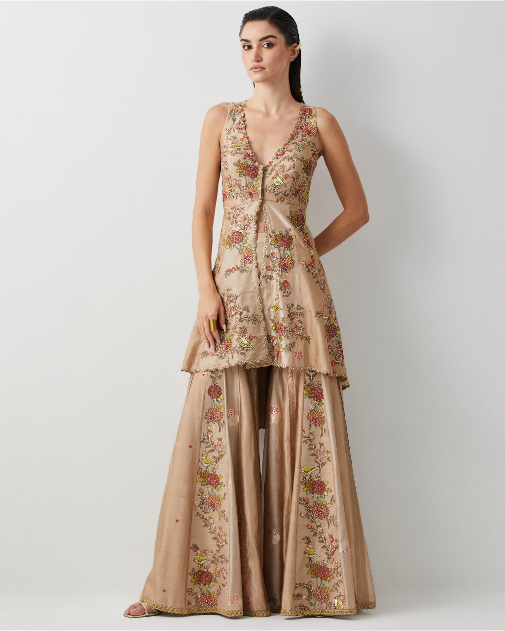 Ivory Silk Embroidered Peplum Sharara Set