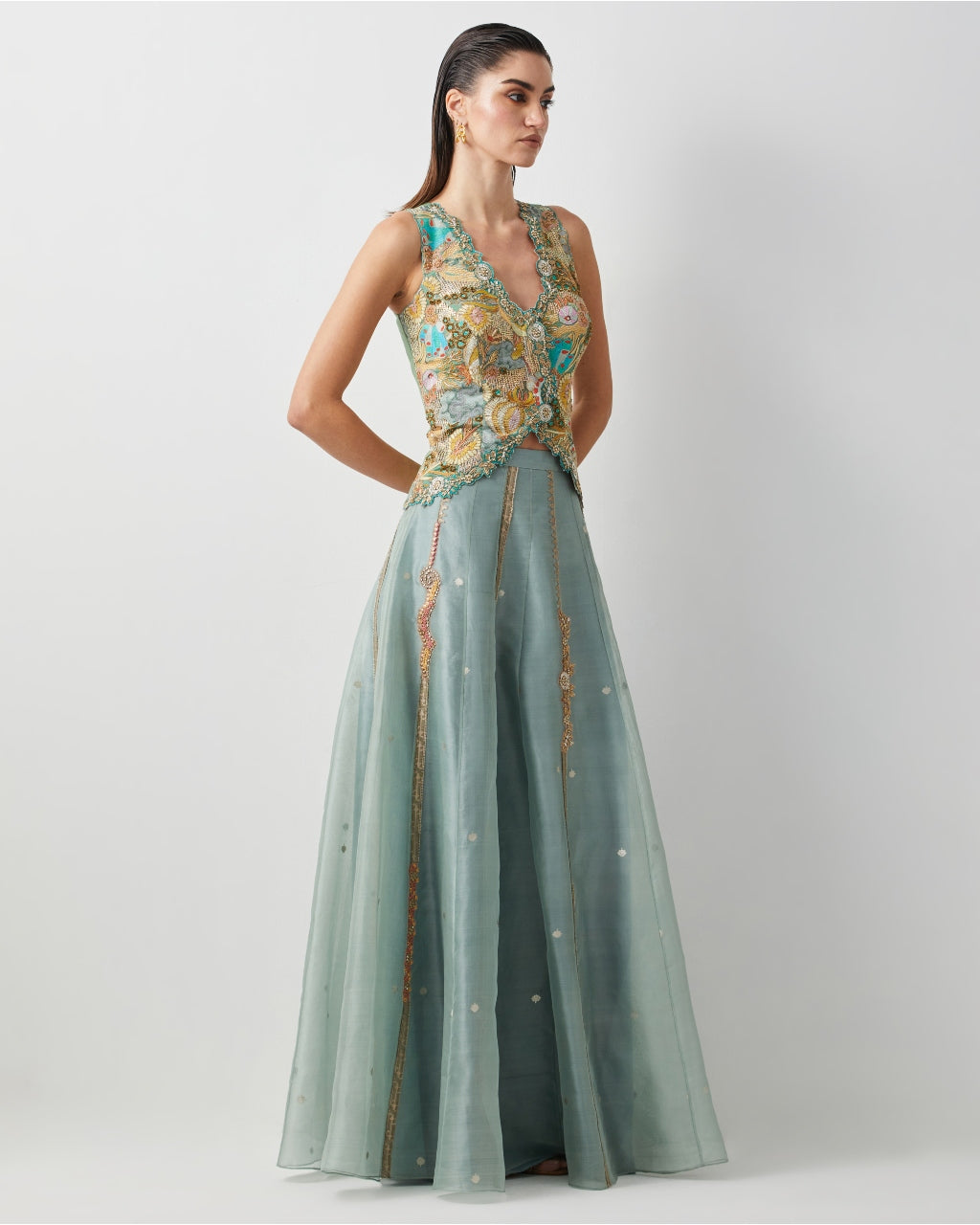 Aqua Embroidered Skirt Corset Set