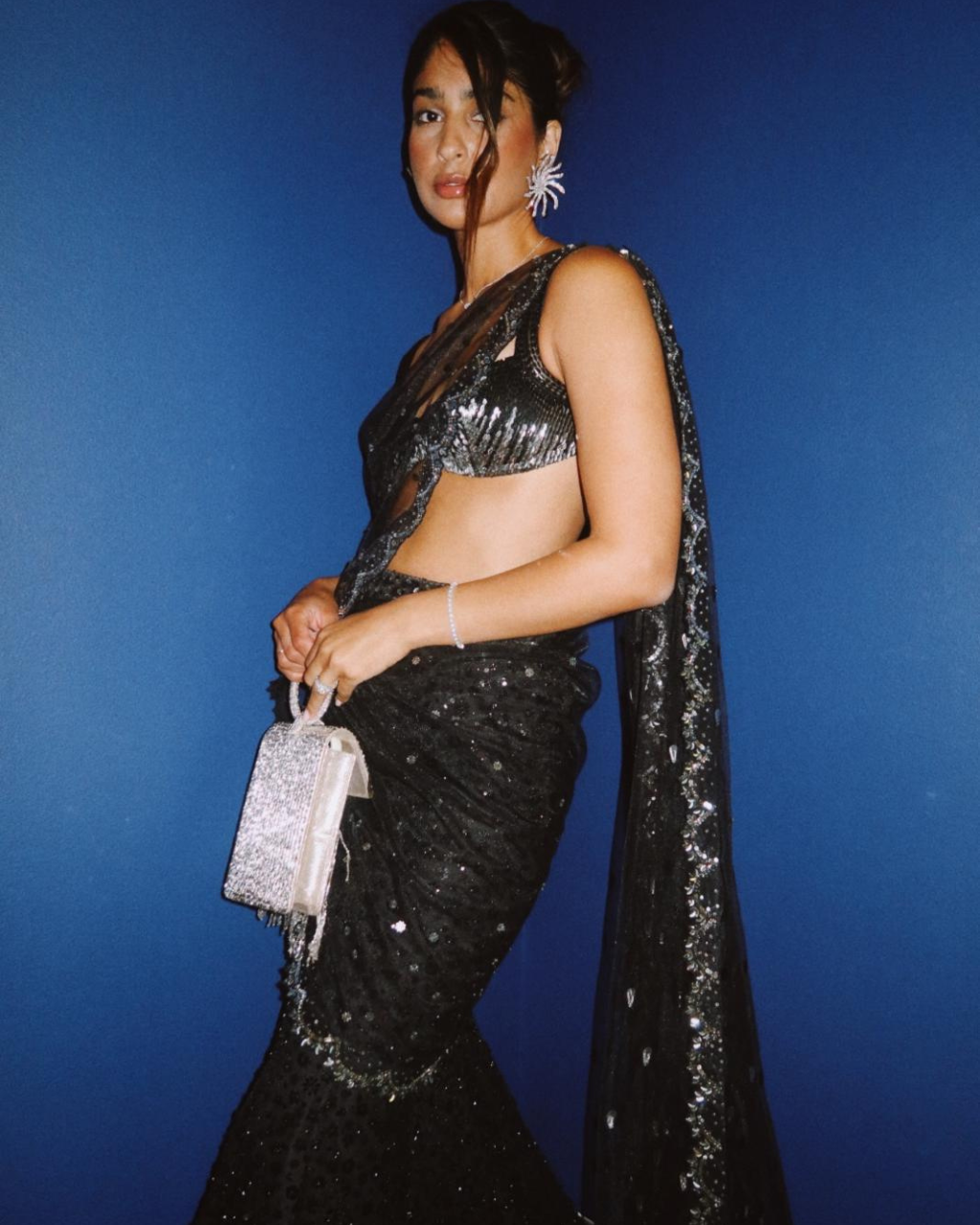 Black and Silver Shimmer Drape Sari