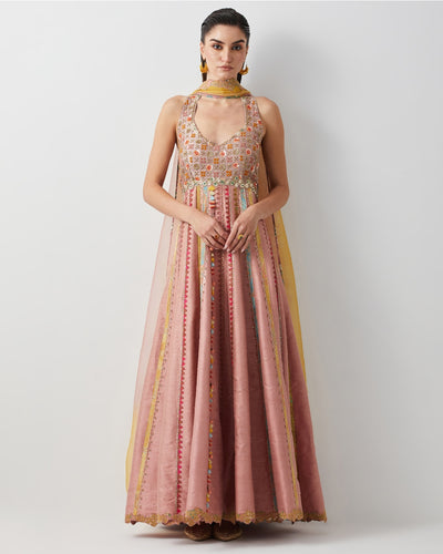 Rose Pink Silk Embroidered Anarkali Set