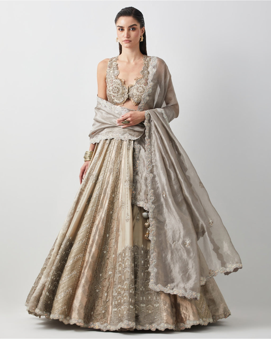 Silver Hand Embroidered Silk Brocade Lehenga Set