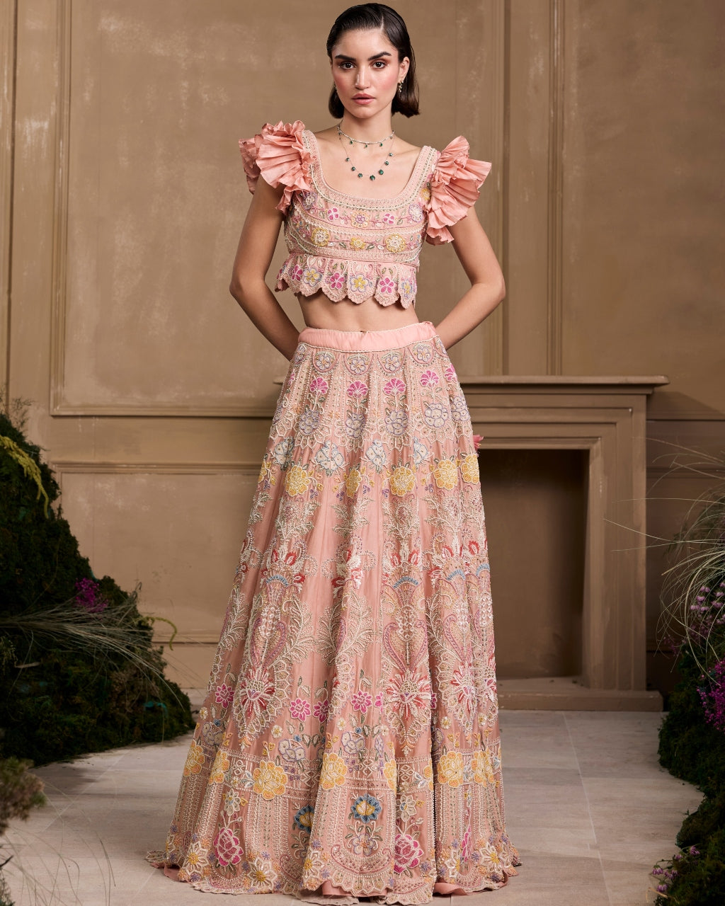 Soft Pink Contrast Ruffled Lehenga Set