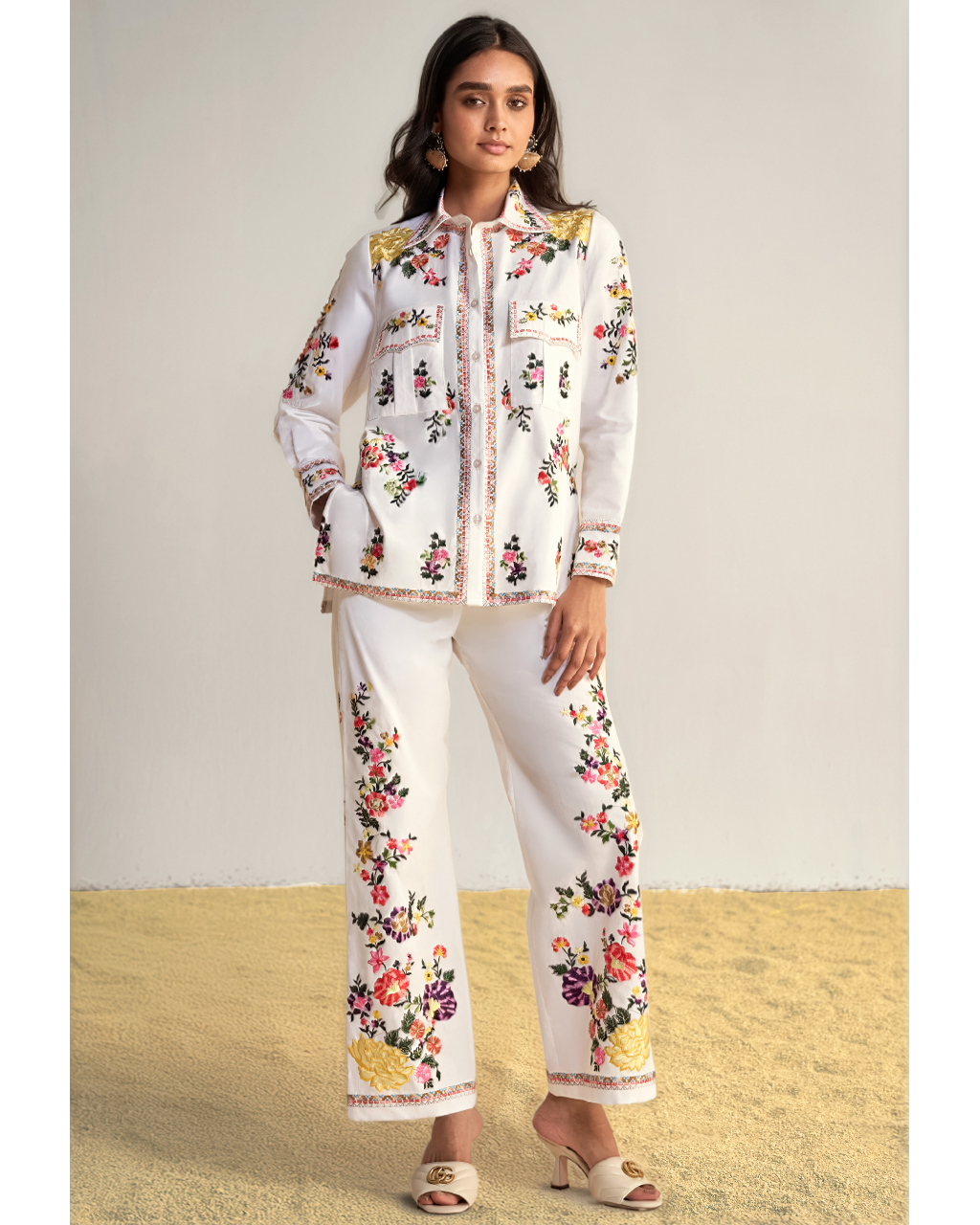 Placement Floral Embroidered Poplin Pant Set