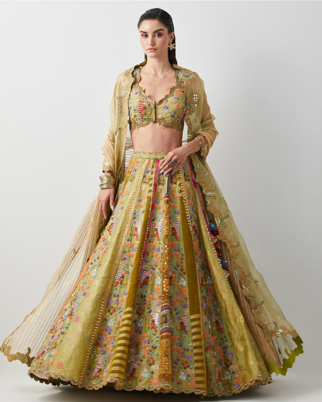 Lime Yellow Hand Embroidered Silk Lehenga Set