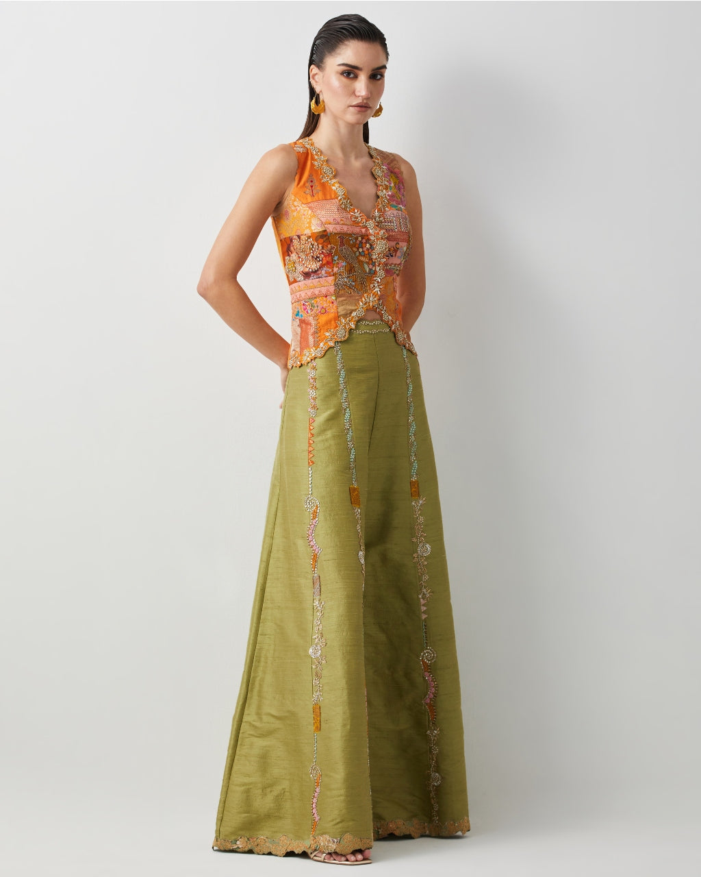 Embroidered Silk Jacket Top With Olive Plazzo Set.