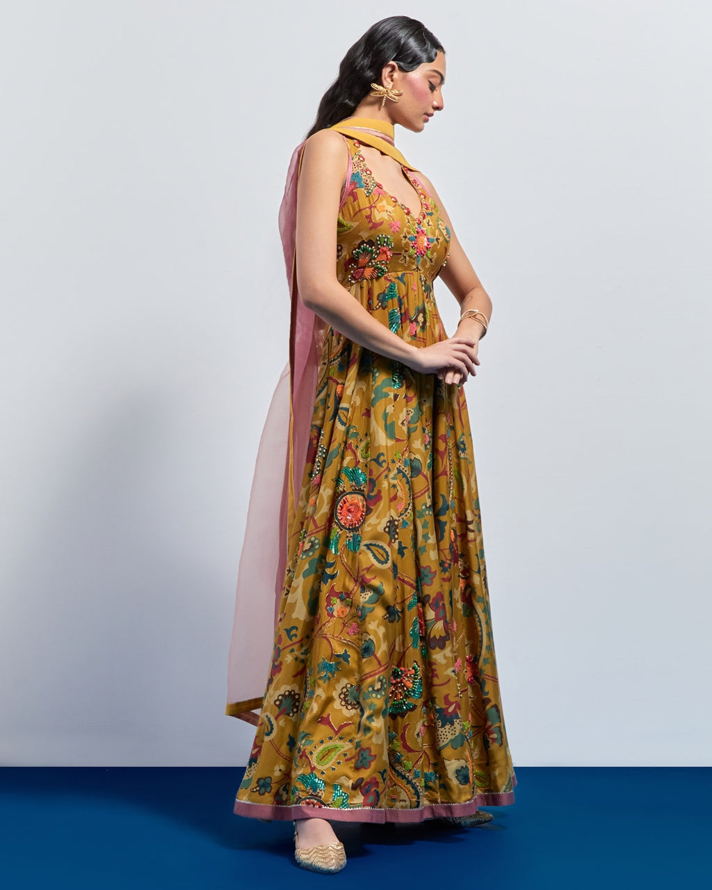 Mustard Yellow Hand Embroidered Anarkali Set