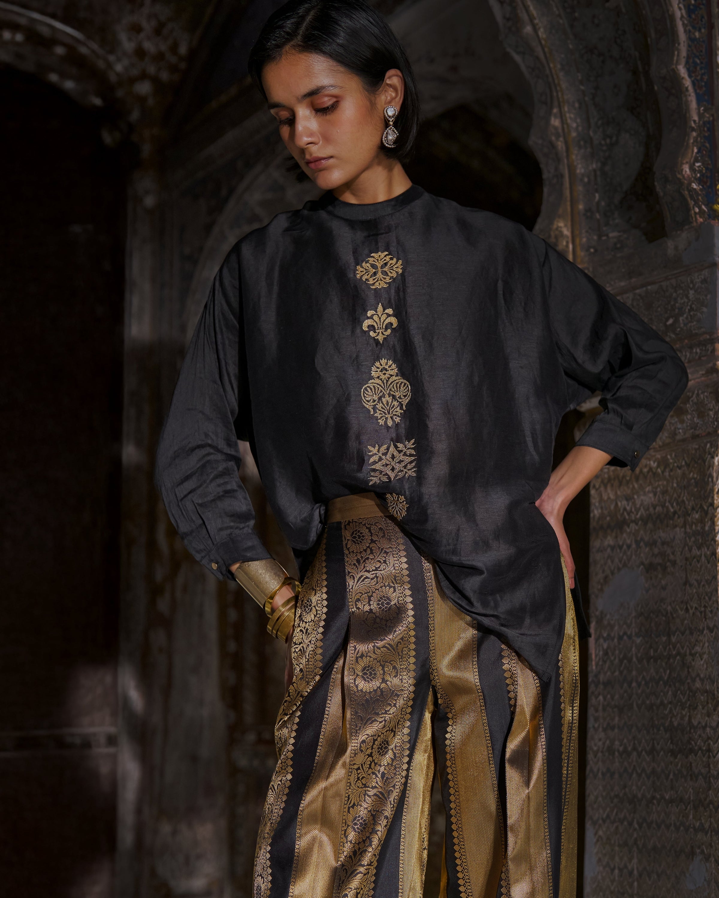 Embroidered Motif Boxy Shirt & Benares Brocade Striped Pant