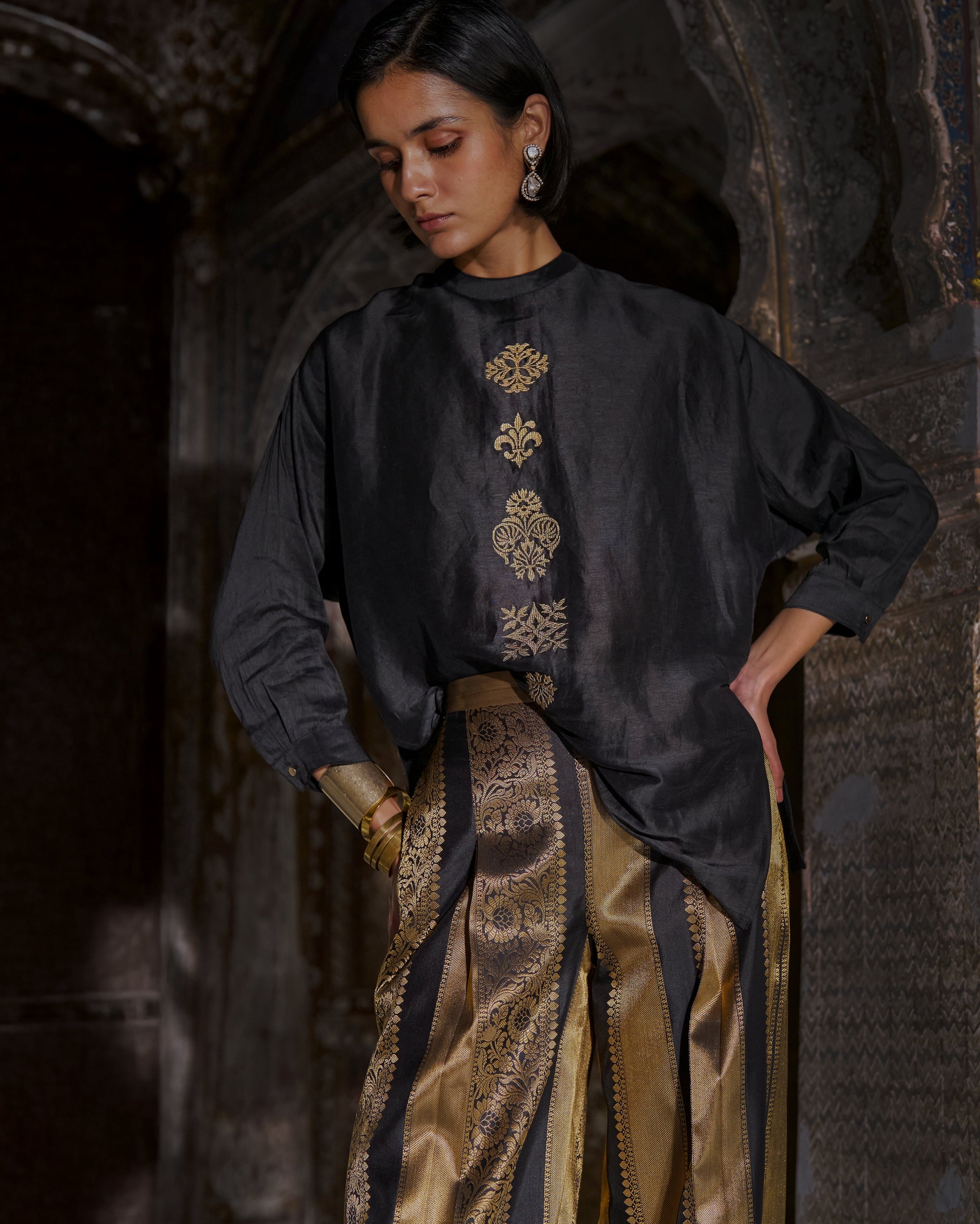 Embroidered Motif Boxy Shirt & Benares Brocade Striped Pant