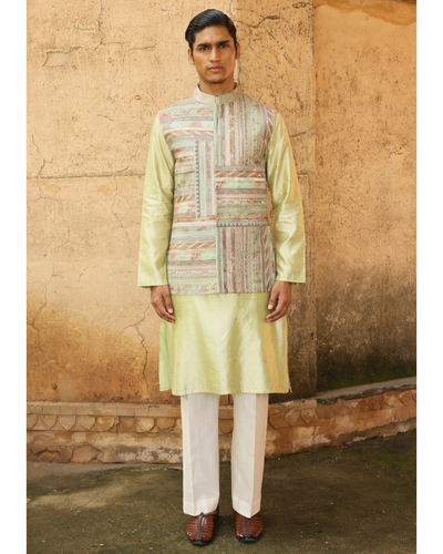 Mint Green Silk Kurta Set With Brocade Jacket