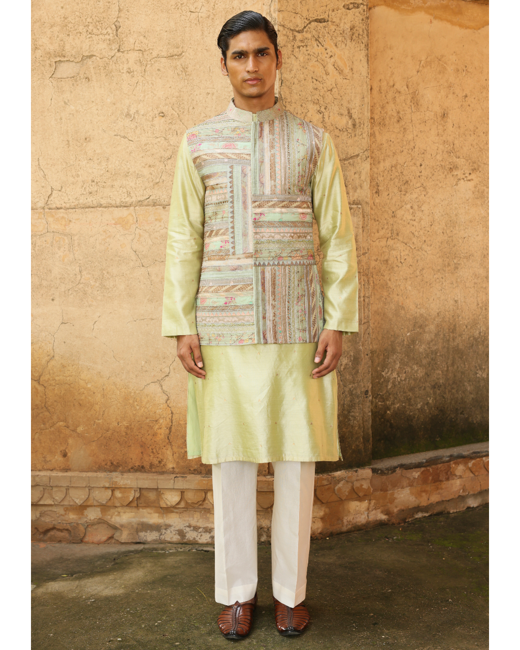 Mint Green Silk Kurta Set With Brocade Jacket