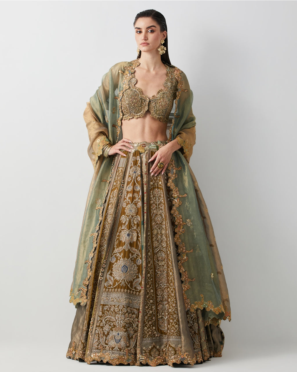 Olive Green Hand Embroidered Silk Brocade Lehenga Set
