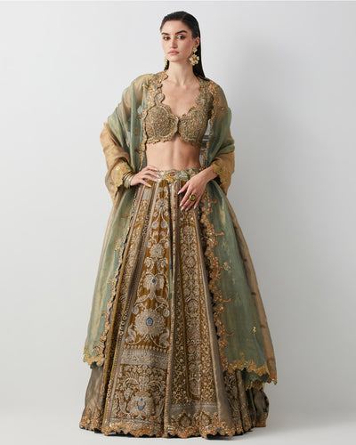 Olive Green Hand Embroidered Silk Brocade Lehenga Set